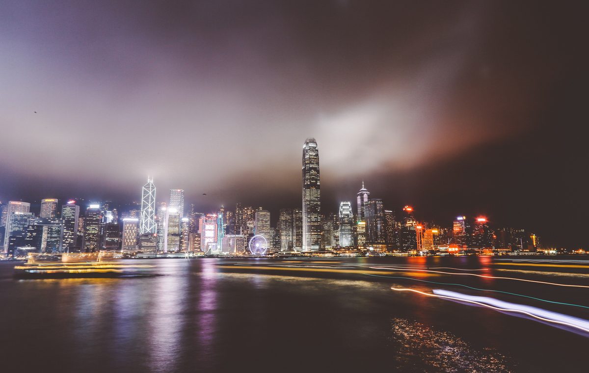 Financial district skyline at night